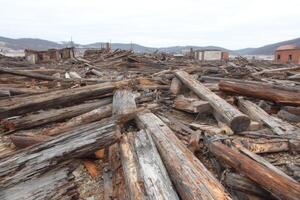 Ruined Structures and Timber Debris A Desolate Landscape photo