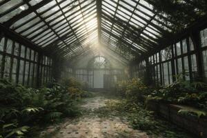Abandoned Greenhouse Filled with Lush Plants A Tranquil Ruin photo