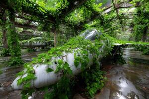 Abandoned Airplane Engulfed by Lush Overgrowth in a Forgotten Hangar photo