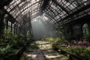 Sunlit Path Through an Abandoned Greenhouse Garden photo