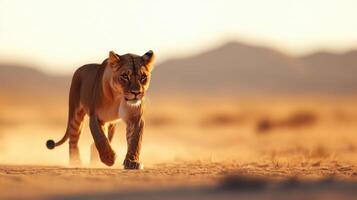 Majestic Lioness Strolling Through the Golden Desert photo