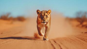 Majestic Lioness in Action, Running Across the Desert Sand photo