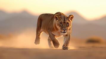Majestic Lioness in Golden Hour Desert Ambiance photo
