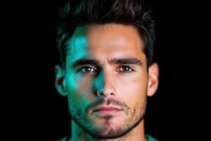 Portrait of a Man with Striking Turquoise Lighting photo