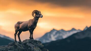 Majestic Ram on Mountain Peak at Sunrise photo