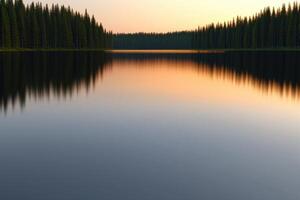 Serene Sunset Reflection on a Still Lake, Enchanting Forest View photo