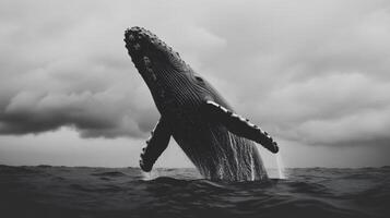 Majestic Whale Soaring Above the Ocean's Surface in a Dramatic Black and White Scene photo
