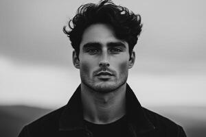 A Striking Black and White Portrait of a Handsome Man, Capturing Confidence and Style photo