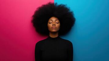 A captivating portrait of a woman with an afro, showcasing serene beauty and confidence. photo