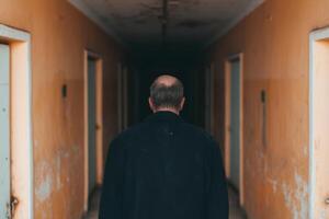 Balding Man Walks Down a Dusty Corridor in an Old Building photo