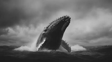 Majestic Whale Emerging from the Stormy Ocean A Powerful Black and White Photography photo