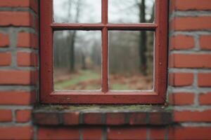 Rustic Red Brick Wall with a Vintage Window View of a Forest photo