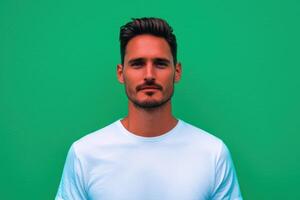 Portrait of a Man in a White T Shirt against a Green Background photo