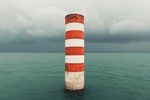 Striped Red and White Pillar Standing Tall in Calm Water Under a Stormy Sky photo
