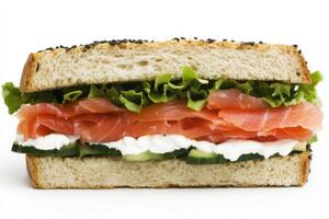 A delectable salmon sandwich, bursting with flavor and freshness. Perfect for a quick and healthy lunch. photo