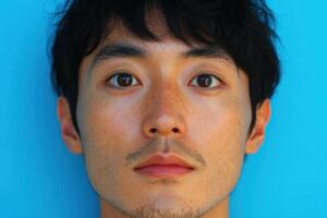 Portrait of a Thoughtful Young Man Against a Vibrant Blue Background photo