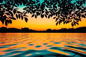 Serene Sunset Over a Lake, Vibrant Colors and Tranquil Nature photo