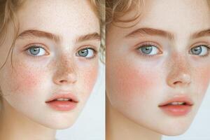 Portrait of a Beautiful Woman with Freckles and Natural Makeup photo