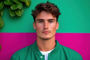 Stylish Man in Green Jacket against Vibrant Wall photo