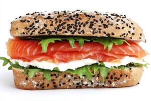 A mouthwatering salmon sandwich, perfect for a delightful lunch. photo