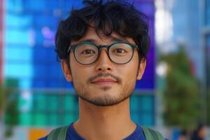 Portrait of a Man with Glasses in a Vibrant Urban Setting photo