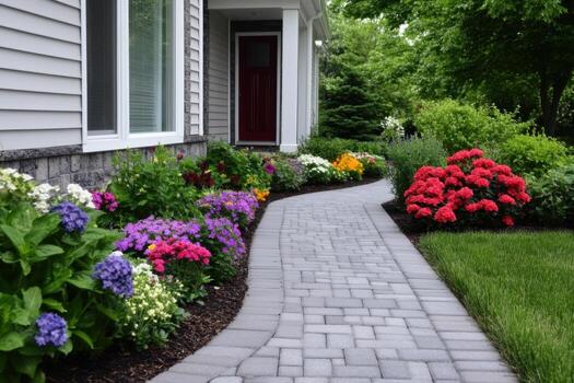 A Stunning Front Yard Landscaping Design with a Colorful Pathway and Lush Greenery photo