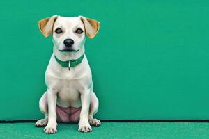 Adorable White Dog Portrait Against a Vibrant Green Background photo