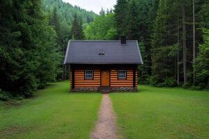 Rustic Wooden Cabin nestled in a serene forest landscape. Perfect for a peaceful getaway. photo