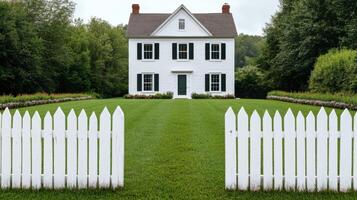 A Picturesque White Colonial Home with Lush Lawn and Classic Fence photo