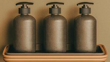 Stylish Dark Brown Dispenser Bottles Set on Wooden Tray Modern Bathroom Decor photo