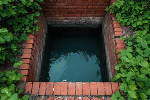 A Deep Well Framed by Old Red Brick Walls and Lush Greenery photo