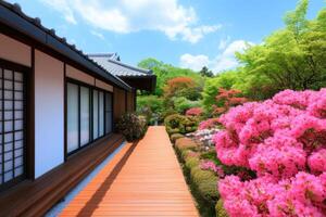 Serene Japanese Garden Pathway with Vibrant Azaleas in Springtime photo