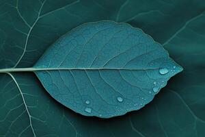 A Captivating Teal Leaf with Dew Drops A Detailed Botanical Beauty photo