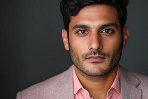 Portrait of a Man in a Pink Shirt and Jacket. A Professional and Thoughtful Expression. Studio Portrait. Fashionable and Confident Pose photo