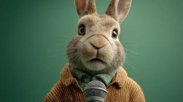 A Rabbit in a Sweater, Ready to Speak Digital Art of a Cute Animal with Microphone photo