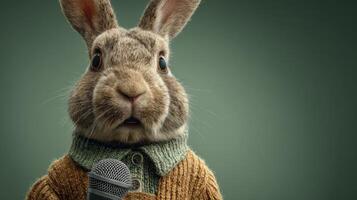 A Rabbit in a Sweater Sings with a Microphone, A Portrait photo