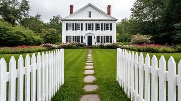 A Picturesque Colonial Home with a Lush Garden and Stone Pathway photo