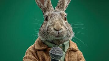 Rabbit in a Coat Speaking into a Microphone An Adorable Animal Portrait photo