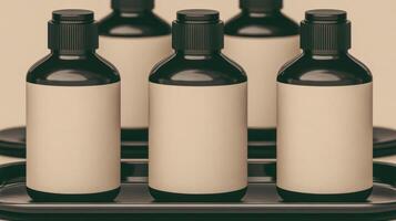 Elegant Empty Bottles on a Tray A Modern Packaging Mockup for Branding photo