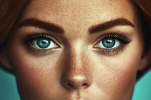 Portrait of a Woman with Stunning Blue Eyes and Freckles photo