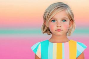 A Radiant Child in a Colorful Striped Dress. A captivating portrait of a young girl, showcasing beauty and innocence. A perfect image for a children's fashion catalog or a social media post. photo