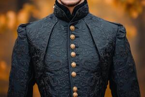 Opulent Black Embroidered Jacket with Gold Buttons, A Timeless Historical Fashion Piece photo