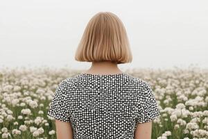 Thoughtful Woman in a Field of Flowers, Back View, Simple Elegance photo
