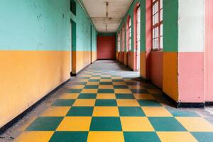 Vibrant Colorful Abandoned Corridor with Checkered Floor photo