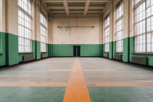 Vast Empty Industrial Hallway with Orange Floor Pattern photo