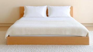 Simple Minimalist Wooden Bed with White Sheets and Beige Blanket photo