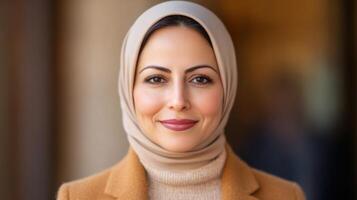 Portrait of a woman in a hijab, radiating confidence and grace. photo
