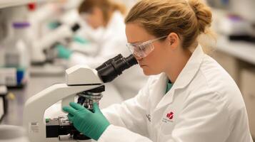 Dedicated Scientist Observes Under Microscope in Modern Lab photo