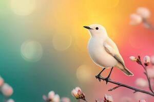 Delicate White Bird Perched on Blooming Branch in Springtime photo