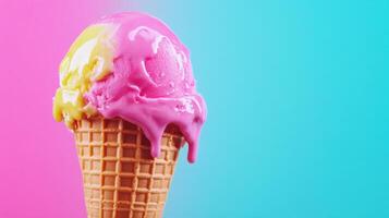 A Vibrant Symphony of Summer Flavors Melting Ice Cream in a Waffle Cone photo
